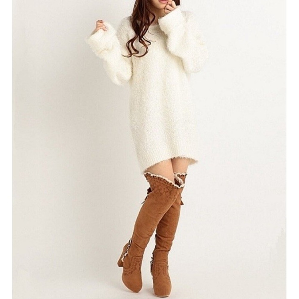 JOA Size S Eyelash Sweater Mini Dress Cocktail Bow Back Detail Long Sleeve